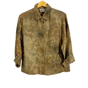 Chico’s Design Brown Linen Tie Dye Print Roll Tab Sleeve Blouse, Size 1=Small